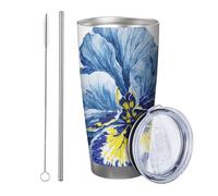 Blu floreale con coperchio e paglia Bicchiere botanico foglie artistiche estetiche fiori astratti bel blu verde isotermico metallo può refrigeratore senza fuoriuscite scuola materna presepe