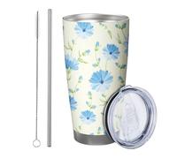 Blu floreale con coperchio Tumbler Set di 1 Astratto Bellissimo Fiore Artistico Pianta Cottage Fattoria Beige Blu Verde Isolato Can Cooler No Spill Yard Outdoor Picnic Palestra con Coperchio Tazza 590