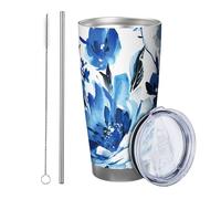 Blu Floreale Tumbler Set Di 1 Lavaggio Artistico E Inchiostro Pittura Bellissimo Botanico Fiore blu nero Acciaio Can Cooler Infrangibile Viaggi Piscina All'aperto Ufficio palestra Con Coperchio tazza