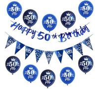 blu ghirlanda Happy 50th Birthday banner + 50 anni compleanno bandiere triangolo + 50 pz 50 anni compleanno palloncini 50 anni uomo decorazioni 50 anni compleanno 50 anni uomo deco blu