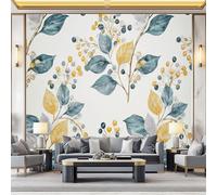 Blu Giallo Moderno Carta da Parati no autoadhesivo, patrón Elementi Naturali Foglie Bacche Elegante, ideal para decoración de interiores, pared de salón dormitorio o estudio 250 x 175 cm