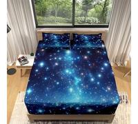 Blu Lenzuola Matrimoniale Cielo stellato e stelle Lenzuolo con Angoli Una Piazza e Mezza 140x200 cm - Altezza Materasso Fino a 30 cm - Coprimaterasso Traspirante e Lavabile con 2 Federe