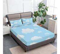 Blu Lenzuola per Bambini e Adulti, Morbido Semplice Nuvole Bianche Lenzuola con Angoli, Lenzuolo con Angoli Elasticizzati in Microfibra, 180 x 200 cm profondità 30 cm