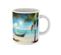 Blu Mar Dei Caraibi Palme Da Cocco E Barca Verde Atlantico Tazza Mug Durevole Tazze Da Tè Novità Tazza Colazione Regalo Carino Per Colleghi Regali Di Compleanno Natale Regalo 330Ml