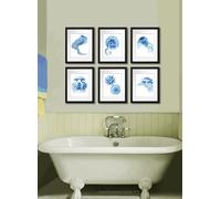 Blu Medusa Stampa Set Di 6 Spiaggia Arte Costiero Decorazione Nautico Casa