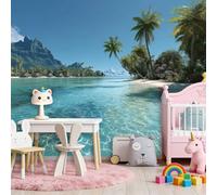 Blu Navy Muralo - Belle Isole Tropicali Piante Mare Carta da parati 3D per cameretta dei bambini in tessuto non tessuto, per ragazze e ragazzi decorazione da parete 350 x 256 cm