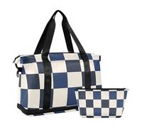 Blu-nero Grid Duffel Bag Sport Duffel Bag con Toiletry Bag per palestra pieghevole, Griglia blu-nera, 1 size