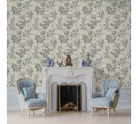 Carta da Parati Floreale Hampton Giardini Righe Fogliame Fiori Blu / Folle