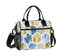 Blu Oro Texture Marmo Borsa Pranzo con Porta Bottiglia D'acqua con Tracolla Eco-Friendly Lunch Boxes per il Lavoro per Picnic Bolsa Tote para Mujer