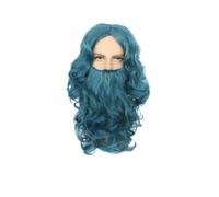 (Blu pavone) Parrucca blu, bianca e grigia con riga centrale, parrucca con barba lunga e riccia, cosplay