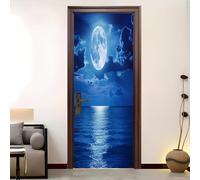 Blu Rimovibile Creative Poster per Porte,Arte Sticker Autoadesivo | Pvc Adesivi Buccia e Bastone Oceano Luna Vista Notturna per Soggiorno Camera da Letto Porte Deco Poster Murale 77x200 cm