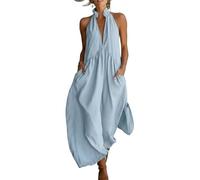 ,Blu,S,Vestito da Donna Ampio da Vacanza Elegante con Scollo a V Profondo, Maxi Dress, Vestito Estivo Senza Maniche alla Moda per Feste