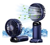 （Blu Scuro)Jsdoin - Mini ventilatore portatile, ricaricabile tramite USB, 5 velocit脿, a batteria, pieghevole, da scrivania, con display LE