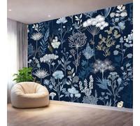 Blu Scuro Murales 400 x 287 cm（WxH), Eleganti Fiori Selvatici Blu Botanico Moderno Carta da Parati in Tessuto Non Tessuto Traspirante per Camera da Letto - Parete Resistente e Facile da Applicare