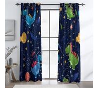 Blu Scuro Tende Oscuranti per Protezione della Privacy, Oscuranti a Occhielli Carino Dinosauro Avventuroso Spazio Stampato - Facili da Lavare per Casa o Ufficio, L 140 x A 245 cm (2 Pannelli)