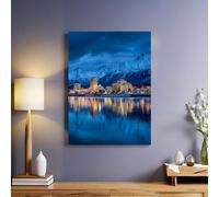 Blu Stampa su Tela Città sotto le montagne innevate 40x30 cm Quadro Artistico con Cornice Decorazione Moderna per Cucina Sala da Pranzo Bar Hotel Ristorante Ufficio