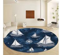 Blu Tappeto Rotondo 120 cm Logo Delle Onde Della Nave Nel Cielo, stampa lavabile in lavatrice, antiscivolo Rotondo Tappeto per camera da letto, sala da soggiorno morbido Facile da Pulire Moquette