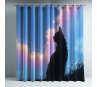 Blu tende cameretta bambini, pannelli termici, oscuramento, occhielli moderni, Silhouette, Cielo gatto nero, anti rumore, 140 x 260 cm, isolamento termico, finestra, sonno sereno, stile morbido, casa