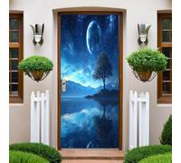 Blu Trompe l'oeil Adesivi per Porte Pianeta cielo stellato piccolo albero Autoadesiva Impermeabile,Vinile PVC, Carta da parati per pareti e porte poster per la camera da letto e il soggiorno 77 x 200