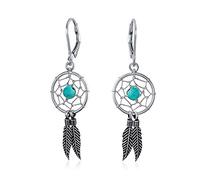 Blu Turchese Occidentale Gioielli Nativi Americani Indiani Dream Catcher Piuma Pendenti Goccia Orecchini Per Adolescente Donna .925 Argento