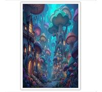 Blu-verde Casa dei Funghi Stampa su tela Stile fantasy Quadri su tela per Arte muraria Stampa Decorazione della camera da letto Casa Ufficio Decorazioni 120Lx80W cm Senza Cornice