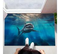 Blu Zerbino Interno, Zerbino Ingresso a Pelo Corto Animali Marini, Tappetino Antiscivolo Lavabile in Lavatrice, Stampa Grande Squalo Bianco Acqua Di Mare Tappetino d'Ingresso per Cane 40 x 60 cm