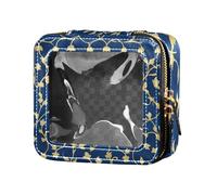 Blue and Gold Vintage Flowers Cute Travel Makeup Bag Clear Leather Toiletry Bag Cosmetic Organizer Case for Flying