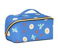 Blue Bird Button Red Flower Cute Cosmetic Bag con divisori portatile grande borsa per il trucco con scomparti e maniglia