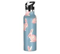 Blue Blush - Borraccia leggera con coniglietti in stile cartone animato, 590 ml, con cannuccia, calda e fredda, a doppia parete, per viaggi, campeggio, bicicletta
