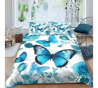 Blue butterfliescopripiumino ultra microfibra 3 Pezzi stampa di 3D con cerniera Nature floral design Set Di Copripiumino con federe per cuscini soffice for bambini e adolescenti Double（200x200cm）