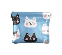 Blue Cartoon Cat Face Donna Pelle Moneta Cambia Borsa Unica Tasca Borsa Trucco per le Donne, faccia gatto cartone animato blu, Decorazione