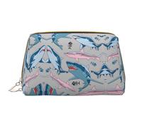 Blue Cartoon Fish Leather Hand Held Zipper Makeup Bag Cute Make Up Case Large Wide Open Pouch Pen Case, bianco, Taglia unica