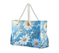 Blue Daisy Hello Sunshine Bloom Spring Sandproof Borsa da spiaggia da viaggio con cerniera Borsa da lavoro da donna con portabicchieri con tasche