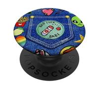 Blue Denim Patch Pattern Bad Luck Babe 90s Design Estetico PopSockets PopGrip Adesivo