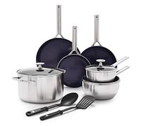 Blue Diamond Cookware Triple Steel Set Di Pentole Antiaderente in Acciaio Inox in Ceramica Rinforzata con Diamanti,11 Pezzi,Include Padella,Senza PFAS,Multistrato,Induzione,Forno,Lavastoviglie,Argento