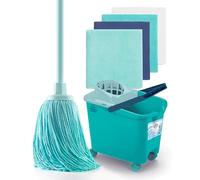 Blue Dolphin - Mocio con manico pieghevole e secchio con ruote più 4 panni in microfibra riciclata set di pulizia sostenibile per la casa per pavimenti e tutti i tipi di superfici