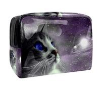 Blue Eye Cat Watch Starry Planets Trousse per cosmetici da donna, trousse da viaggio grande in PVC per trucchi con cerniera, Multi, 18.5x7.5x13cm/7.3x3x5.1in, Beauty case