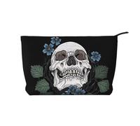 Blue Flowers and Skull Chiusura a Cerniera Corduroy Makeup Bag Multifunzionale Organizer 22x7x17cm per Viaggi Campeggio Vacanze Fitness, Nero , Taglia unica