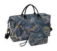 Blue-Gold - Grande borsa da viaggio con motivo vintage, borsa da viaggio per la notte, borsa da palestra con borsa da toilette per lo sport, pieghevole