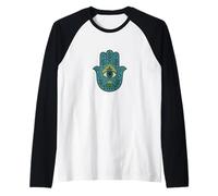 Blue Hamsa Mano di Protezione Spirituale Buona Fortuna Maglia con Maniche Raglan