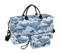 Blue Japanese Cloud Ukiyo-e Borsa da viaggio di grandi dimensioni per weekend, borsa da viaggio per la notte, borsa da palestra con borsa da toilette per viaggi d'affari, grande capacità