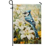 Blue Jay Bandiera da giardino, bandiera floreale primaverile estiva con gigli bianchi, striscione su entrambi i lati per esterni per la decorazione della casa, ornamento per prato per le vacanze, 30,5