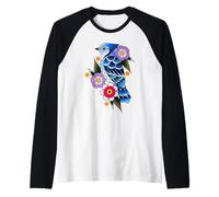 Blue Jay Bird x Flowers - Tatuaggio Tradizionale Flash Maglia con Maniche Raglan