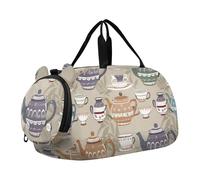 Blue Jay - Borsone da viaggio con stampa artistica per ragazzi e ragazze, borsone da viaggio per palestra, borsone per bambini, Teiere Tazze Marrone, classico