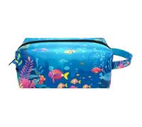 Blue Marine Life Paesaggio Hanging Makeup Bag, Borsa da viaggio in pelle resistente all'acqua con maniglia, custodia cosmetica portatile per donne uomini ragazze, Multicolore 04, 8.2x3.1x3.5 in/21x8x9