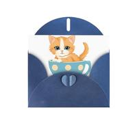 Blue MJHKXLJ - Biglietto di auguri con stampa perlacea con gattino arancione in una tazza a pois, busta inclusa, perfetto per Natale, compleanni, San Valentino, matrimoni e molto altro ancora