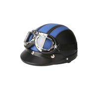 (Blue)Motorcycle scooter open face half leather helmet with visor uv goggles retro vintage styl