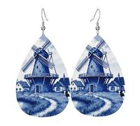 Blue Nederland Cute Vintage Dutch Windmill Delft Orecchini Moda Orecchini In Pelle Penzolare Accessori Per Carnevale Decorazioni