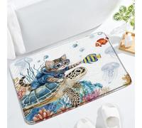 Blue Ocean Cute Cat Riding Sea Turtle Starfish Coral Tropical Fish Nautical Watercolor Underwater Tappeto Da Bagno Antiscivolo Zerbino Asciugapassi Lavabile In Lavatrice Tappeti Da Bagno 40X60Cm