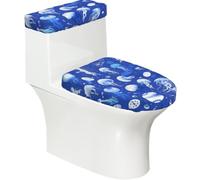 Blue Ocean Moon - Set di 2 copriwater con coperchio del serbatoio, elastico, per WC a forma di U e allungati, decorazione per il bagno, regalo di inaugurazione della casa